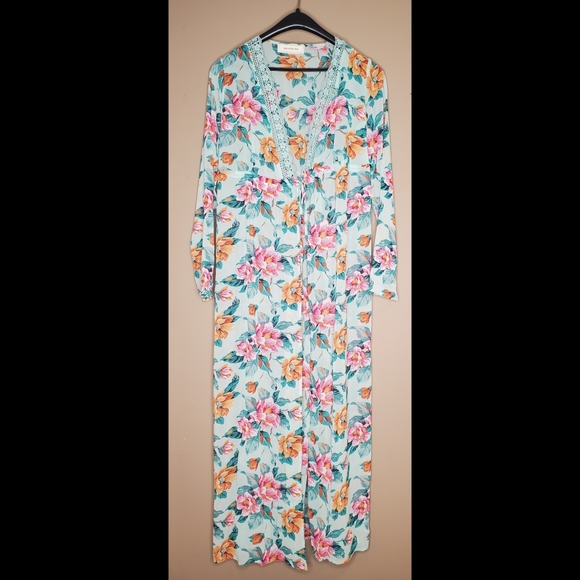 Lightweight boho floral lace trim self tie long kimono duster cardigan jacket - Picture 12 of 15